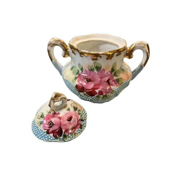 Antique Cabbage Rose with Bead Textured Design Small Creamer and Sugar Bowl - Picture 8 of 16